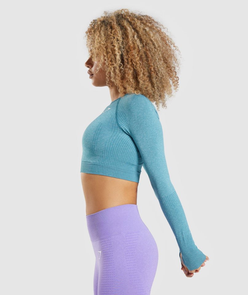 Women's Gymshark Vital Seamless 2.0 Long Sleeve Cropped Tops Turquoise | NZ 4YCEZP